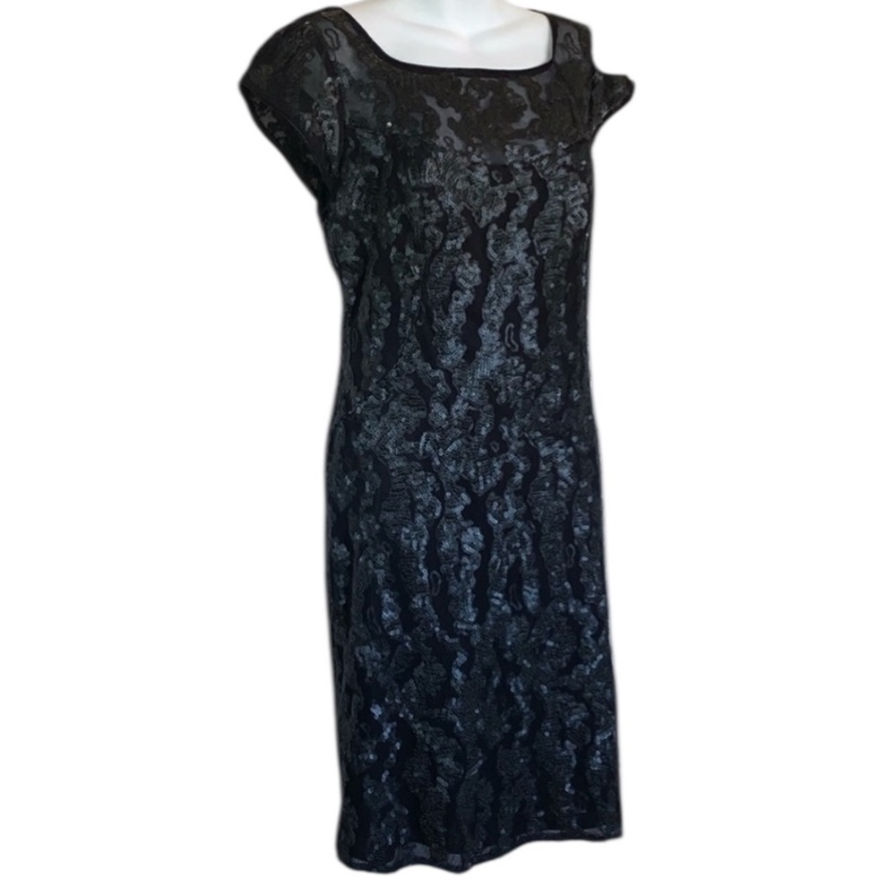 Sue Wong black cocktail dress, women's 12, leather-look sequins, sheer top. LBD